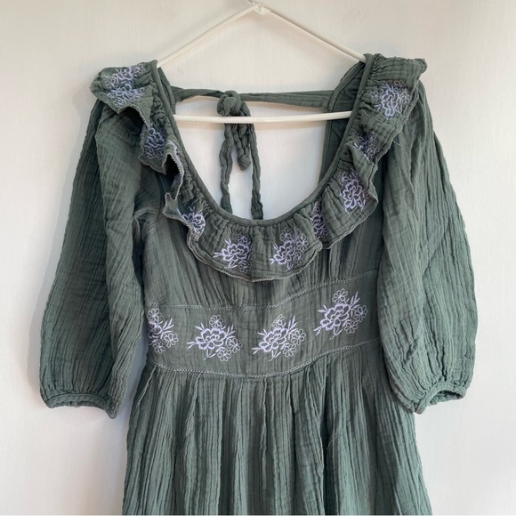 Free People Lovers Lane Maxi Dress Green Blue Embroidered Ruffle 3/4 Sleeve S - Picture 5 of 13